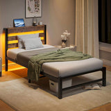 Twin Size Bed Frame Heavy Duty Platform Bed Frame with Headboard, USB Charging Station, LED Bed, No W840P209879
