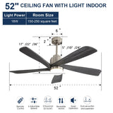 52 Inch Modern Ceiling Fan With Dimmable LED Light 5 Solid Wood Blades Remote Control Reversible DC W882P151478