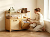 32 Inch Double Compartment Bamboo Laundry Organizer Freestanding Cabinet, Raised Guardrail Top Shelf 52897396