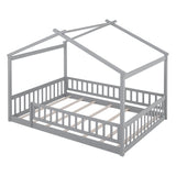 Full Size Wood Bed House Bed Frame with Fence, for Kids, Teens, Girls, Boys,Gray WF302177AAE