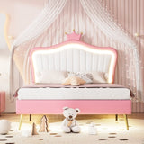 Full Size Upholstered Bed Frame with LED Lights,Modern Upholstered Princess Bed With Crown WF307962AAH