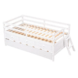 ZUN Low Loft Bed Twin Size with Full Safety Fence, Climbing ladder, Storage Drawers and Trundle White WF312991AAK