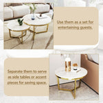 ZUN Modern Round Nesting Coffee Table Set 2-Piece White & Marbling Top Gold Base WF320651AAK