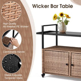 Outdoor Bar Cart Table, Large Wicker Island Rolling Cart, Wheeled Buffet Serving Cart with Glass Top 04069114