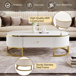 ZUN Modern Oval Coffee Table with Drawers,Curved Profile Design, Gold Metal Decor, Center Table for N735P192897K