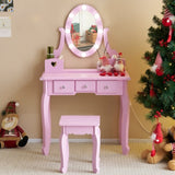 ZUN FCH Kids Vanity Set with Mirror and Lights and Stool, 5 Storage Drawers, Pretend Play Princess 59165871