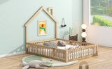 Wood Full Size House Platform Bed with Guardrail, Natural N709P171852M