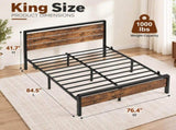 King Size Metal Wood Platform Bed Frame, 3-Panel Fire Burnt Brown Wood Grain Headboard with LED 14182096