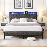 Queen Bed Frame Storage Headboard, Charging Station and LED Lights, Upholstered Platform Bed 09464391