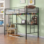 ZUN Twin Metal Loft Bed with Desk, Power Outlet and LED Lighted , Safety Guard & Ladder, No Box Spring W840P192240