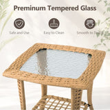 Outdoor Wicker Side Table, Rattan End Table with Glass Top, Patio Coffee Bistro Table for Indoor 30348373