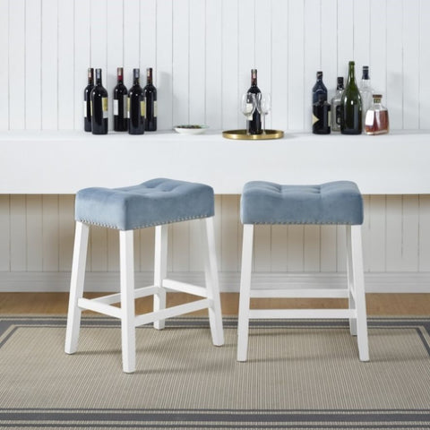 ZUN Morovo Set of 2 Velvet Counter Height Stools with Tufted Saddle Seats, White-Wash Finish, Blue T2574P164821