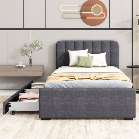 ZUN Twin Size Platform Bed Frame with 2 Storage Drawers and Headboard, Linen Fabric Simple Style, Wooden W1670P147399