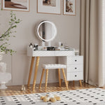 ZUN Dressing Table with LED Lights Glass Top Table with Extendable Side Table 5 Drawers W2139P193930