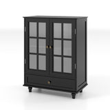 Minimalist Black Buffet Cabinet with Double Glass Doors and Drawer, Modern Wooden Storage Sideboard 26388624