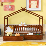 Twin Size Wooden House Bed with Two Drawers, Walnut WF302181AAL