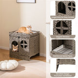 2-Tier Wicker Cat Condo with Litter Mat - Hidden Litter Box Enclosure, Detachable Washable Cushion, 98775677