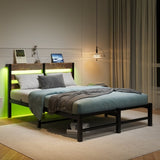 Full Size Metal Bed Frame with Wooden Headboard, RGB Lights, Charger, Storage Shelf, Noise-Free, No W840P209896