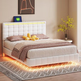 ZUN Queen Size Floating Bed Frame with LED Lights and USB Charging,Modern Upholstered Platform LED Bed WF308894AAK