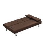 ZUN Sofa Bed with Armrest two holders WOOD FRAME, STAINLESS LEG, FUTON BROWN PVC W2297P164939