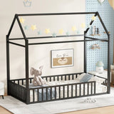 Twin size House Floor Bed with Detachable Slats, Versatile Metal House bed with Guardrails, W1580P324213