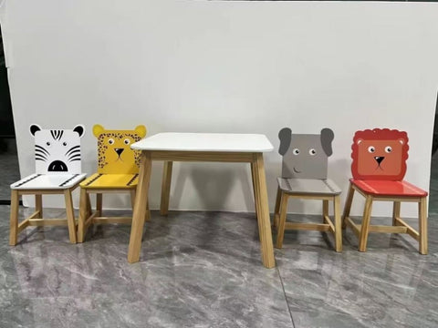 ZUN 5 Piece Kiddy Table and Chair Set , Kids Wood Table with 4 Chairs Set Cartoon Animals 14281906