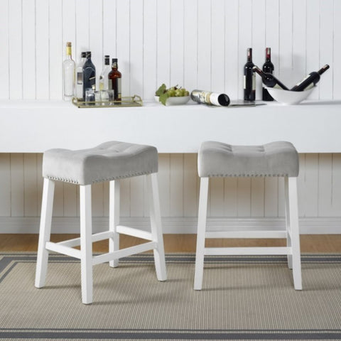 ZUN Morovo Set of 2 Velvet Counter Height Stools with Tufted Saddle Seats, White-Wash Finish, Gray T2574P164822