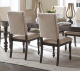Fabric Upholstery Side Chairs 2pc Set Grayish Brown Finish Wood Frame Nailhead Trim Turned Legs B01149969