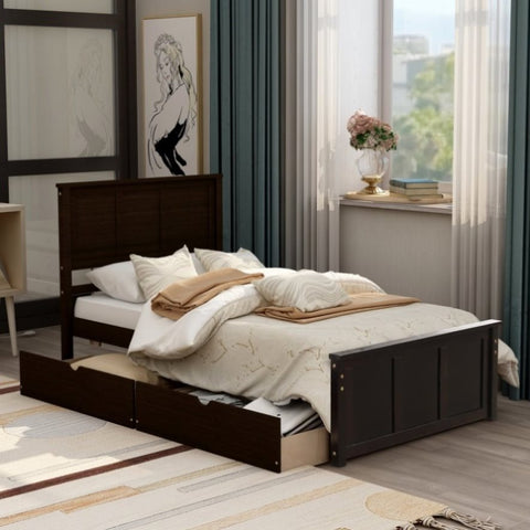 ZUN Platform Storage Bed, 2 drawers with wheels, Twin Size Frame, Espresso 75414746