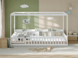 Full Size Montessori Floor Bed, Headboard with Open Storage Cubbies, 4-Sided Guardrails with Access W5767P517425
