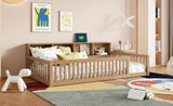 Wood Twin XL Size Floor Bed with Storage Cabinets and USB Ports, Brown N709P205811D