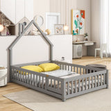 Full House-Shaped Headboard Floor Bed with Fence ,Grey W504119480