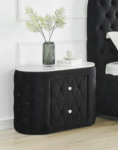 ZUN 1pc Oval Faux Marble Top Nightstand 2- Drawers Storage Black Finish Button Faux Crystal B011P266092