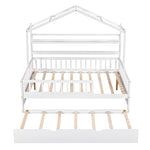 ZUN Wooden Full Size House Bed with Twin Size Trundle,Kids Bed with Shelf, White 90541067