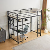 ZUN Twin Size Metal Loft Bed with Desk and Storage Shelves, 2 Built-in Ladders & Guardrails, Loft Bed 24084239