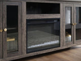 Ellington 70"W Gray Walnut Finish Fireplace TV Stand Console with Heater, LED Light, Cabinets, B061P352459