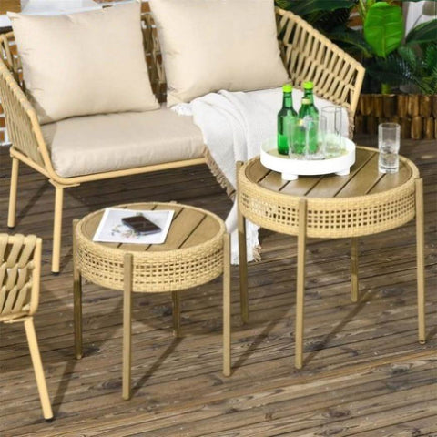 ZUN Brown PE Wicker Patio End Table Set 73215608