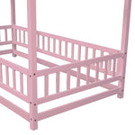 ZUN Twin Size Floor Wooden Bed with House Roof Frame, Fence Guardrails,Pink W504P174635