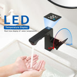 Matte Black Smart LED Bathroom Faucet - Temperature Digital Display, Pull Down Sprayer for RV and W1217P359395