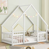 Twin Wood House-Shaped Floor Bed with Fence, Guardrails ,White W504P143290