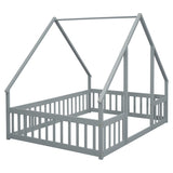 Full Wood House-Shaped Floor Bed with Fence, Guardrails,Grey W504P143293