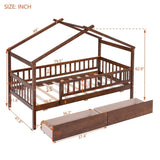 Twin Size Wooden House Bed with Two Drawers, Walnut WF302181AAL