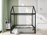 Twin Size Metal Bed House Bed Frame with Fence, for Kids, Teens, Girls, Boys, Black MF304315AAB