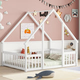 Full Wood House-Shaped Floor Bed with Fence, Guardrails,White W504P143294