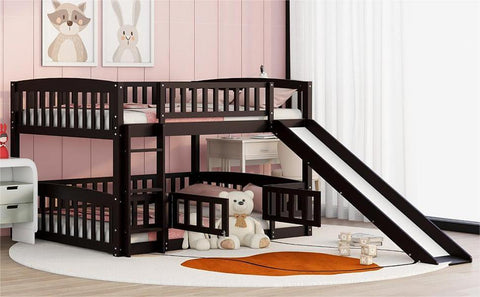 ZUN Bunk Bed with Slide,Full Over Full Low Bunk Bed with Fence and Ladder for Toddler Kids Teens 83907854