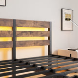 Queen Size Metal Bed Frame with Wooden Headboard, RGB Lights,Charger, Storage Shelf, Noise-Free, No W840P209904