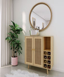 ZUN Bohemian Bar Cabinet, Natural Rattan Doors, Removable Wine Rack in Natural Wood B06481173