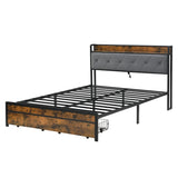 King Bed Frame with Storage, Bed Frame with LED Lights Upholstered Headboard and 2 Drawers, USB & W311P284693