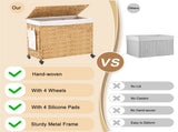 165L 3-Section Laundry with Lid and Wheels, Woven Natural Water Hyacinth Rolling Laundry 87264683