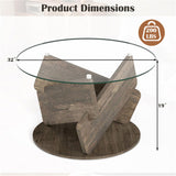 32" Grey Round Tempered Glass Coffee Table - Modern Style, 200LBS Capacity, Solid Rubberwood Base 26269779
